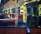 Titel: -- They call me a scrawler-- , Mit Graffiti-Tags beschmiertes U-Bahnabteil.